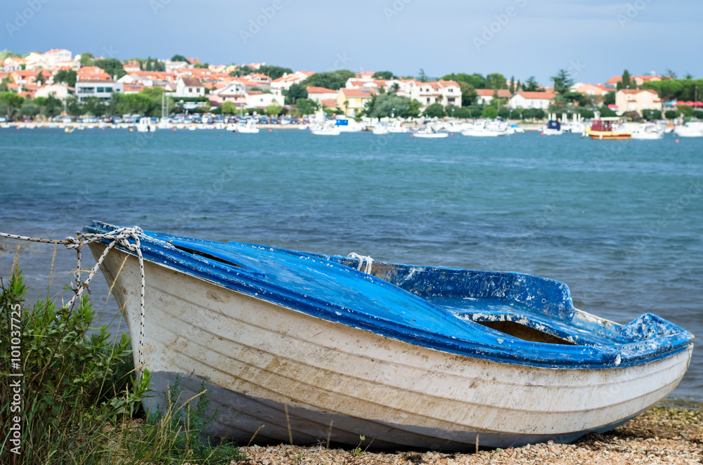wooden boat at anchor