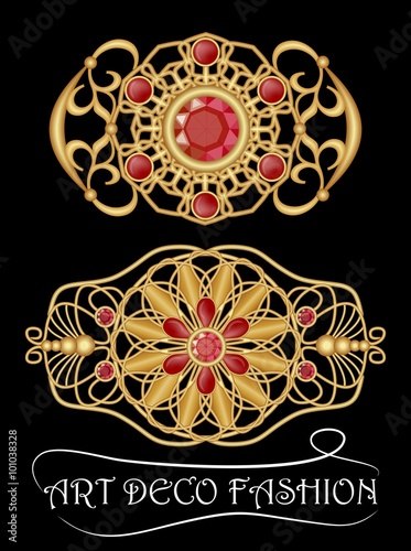 Art deco brooch with red gems, ruby or garnet, golden filigree antique jewel. Gorgeous goldsmith work, jewellery made of brass.