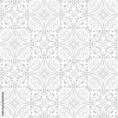 Low contrasting vintage ornament, gray drawing on white background. Repeating filigree geometric patterns in victorian style.