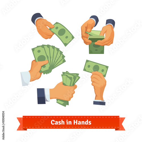 Hand poses counting, taking and showing green cash