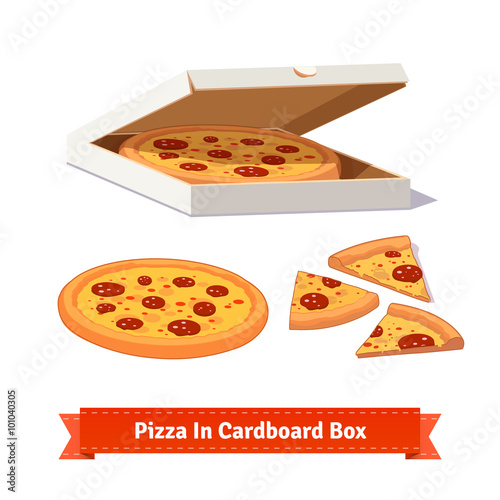 Pizza in the opened cardboard box. Delivery