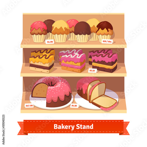 Bakery shop stand with sweet desserts