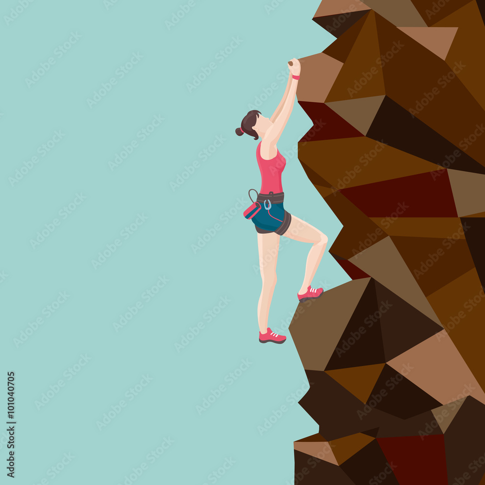 Girl is climbing on a mountain.Cartoon vector illustration. Side view