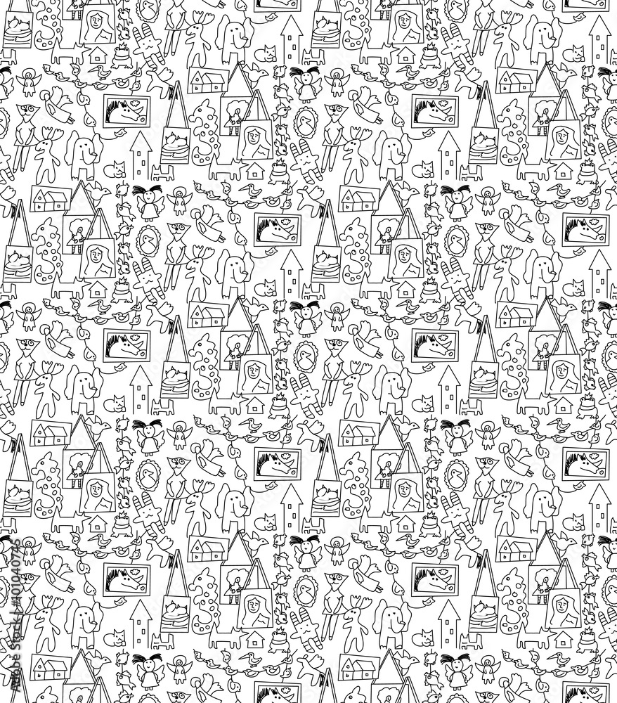 Art hand made objects toys black and white seamless pattern. 