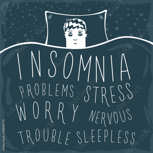 Insomnia. Tired man lying under a blanket. Line art illustration with typographic elements.