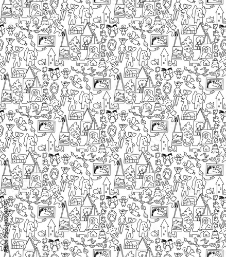 Art hand made objects toys black and white seamless pattern. 