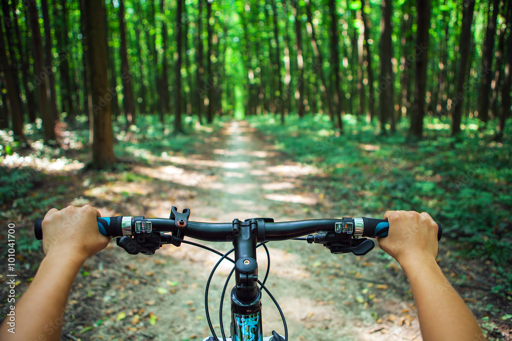 Mountain biking down hill descending fast on bicycle. View from Mountain biking down hill descending fast on bicycle. View from