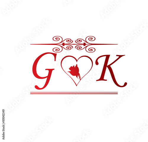 GK love initial with red heart and rose