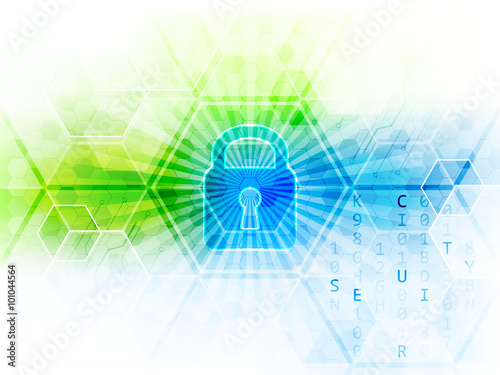 Abstract vector technological background with global security concept. Lock, hexagon and circuit board.