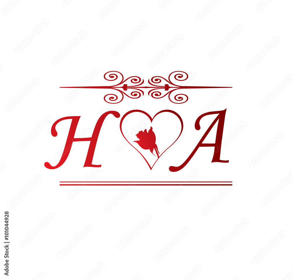HA love initial with red heart and rose Stock Vector