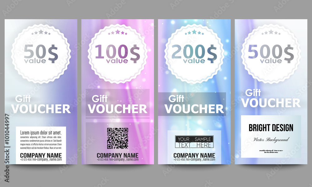 Set of modern gift voucher templates. Abstract wave vector background