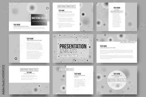 Set of 9 vector templates for presentation slides. Molecular research, cells in gray, science background © Raevsky Lab