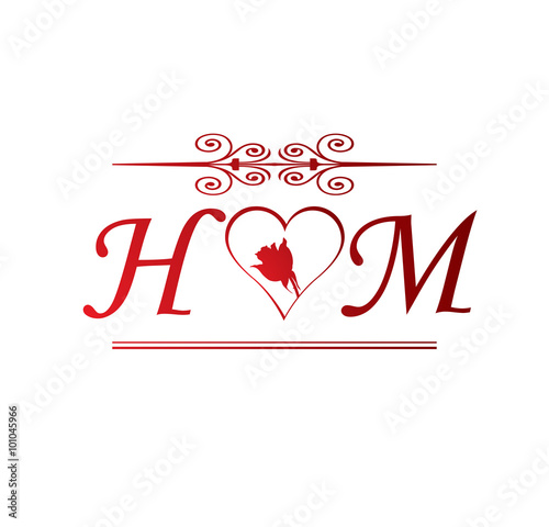 HM love initial with red heart and rose Stock Vector | Adobe Stock