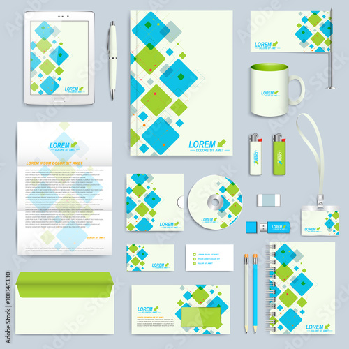 Set of vector corporate identity template. Modern business stationery mock-up. Branding design with blue and green square shapes