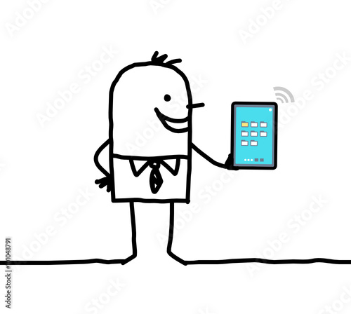 cartoon businessman holding connected digital  tablet