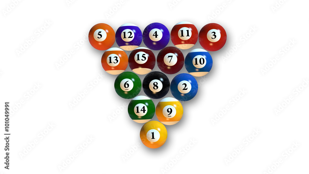 Billiard balls in various colors with numbers, pool balls arranged on white  background, top view Illustration Stock | Adobe Stock
