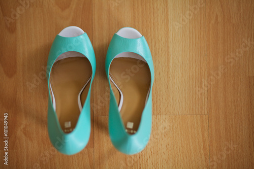 Elegant green shoes on the wooden floor