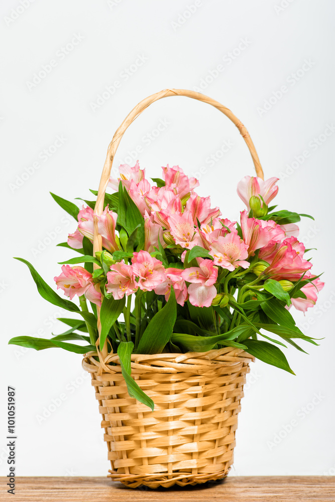 bouquet of pink flowers alstroemeria in basket