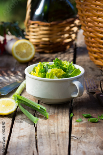 lettuce salad in wite bowl on wooden old background
