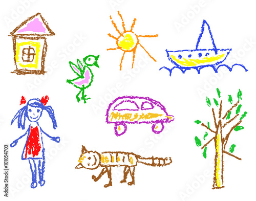 Wax crayon kid`s drawn girl, house, bird, cat, sun, car, tree, ship isolated on white. Child`s drawn colorful pastel chalk vector design elements. Set of kid`s painting objects.