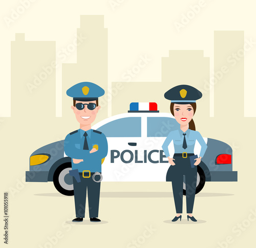 police man and police woman. police car.police officers in uniform