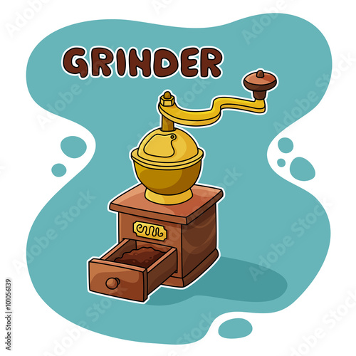 Old Coffee Grinder / Old wooden coffee grinder with small drawer filled with grind coffee. EPS 10 Illustration scalable and easy color change.