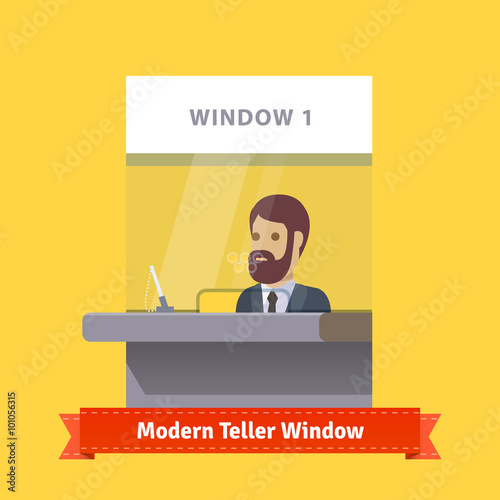 Modern teller window with a working cashier