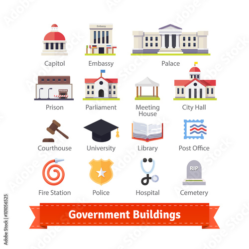 Government buildings colourful flat icon set