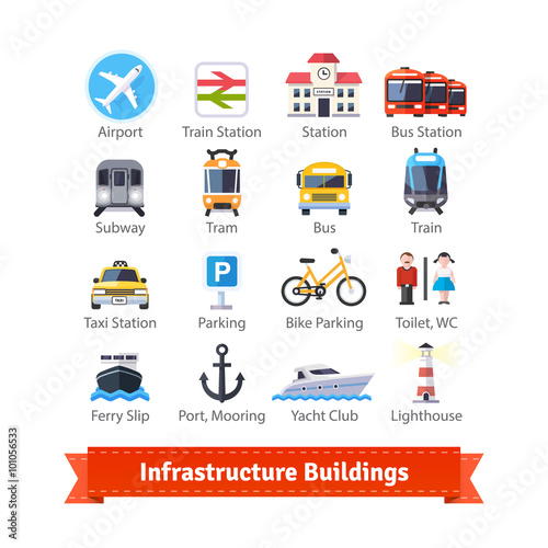 Infrastructure buildings flat icon set