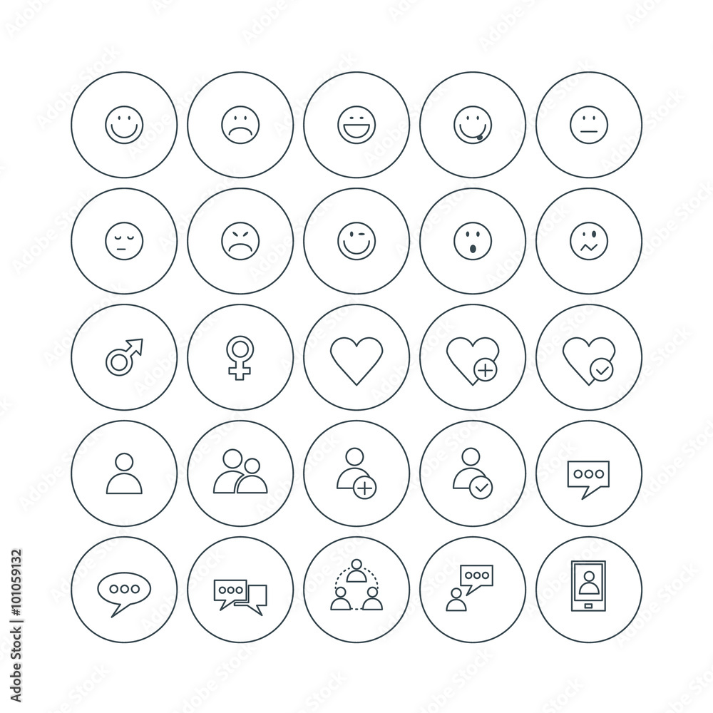 Set of Vector Thin Line Social Icons. Emoticons, Gender Sign, User Profile, Message Set of Vector Thin Line Social Icons. Emoticons, Gender Sign, User Profile, Message