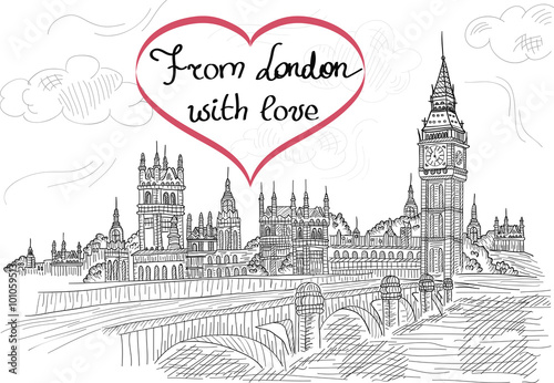 Big Ben tower in London. Vector illustration of popular attraction. Sketch illustration on the white background. Beautiful landscape of sightseeing. Clock tower with bridge. Palace of Westminster