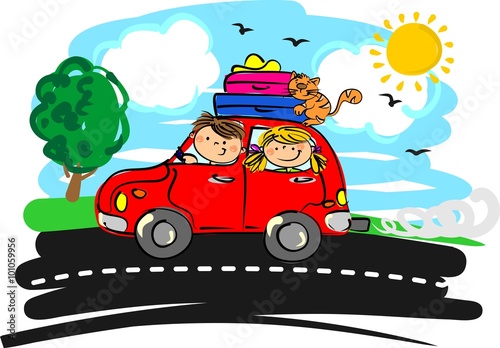 funny car with children and cat