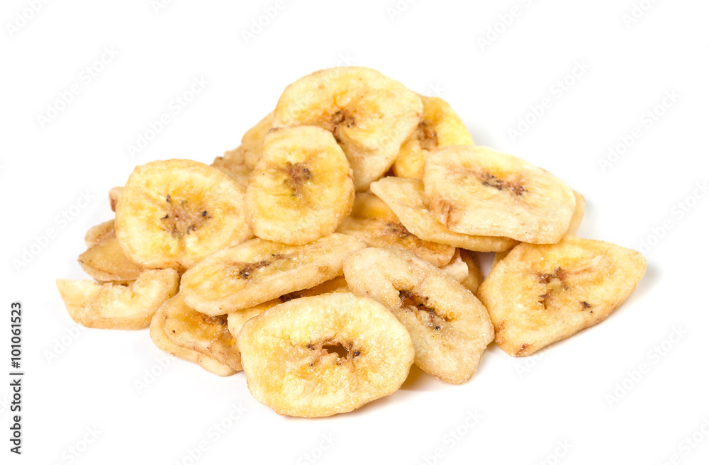 Banana chips on a white background