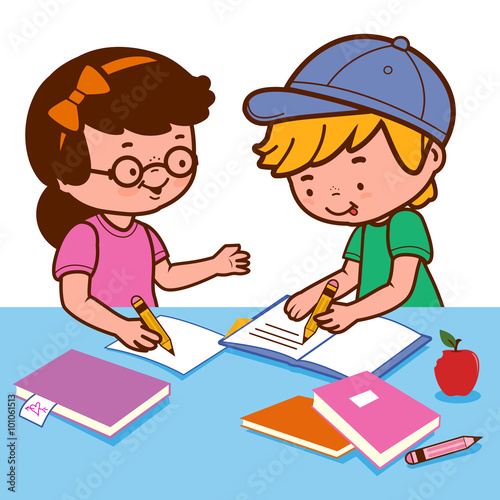 Children students doing their homework. Vector illustration