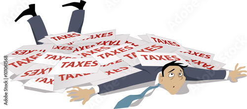 Man, knocked down and buried under a pile of taxes, EPS 8 vector illustration, no transparencies