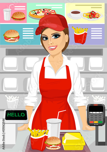 female caucasian cashier at fast food restaurant