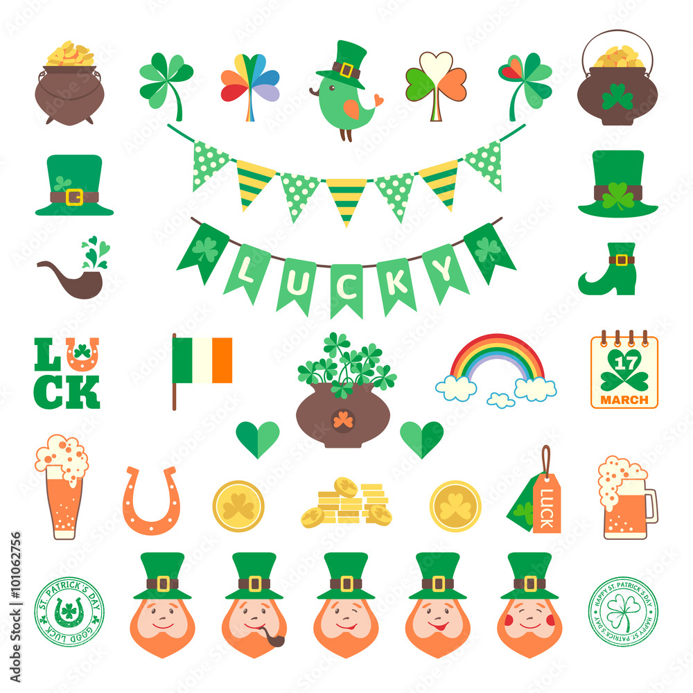 Saint Patrick's day icon set in flat style Saint Patrick's day icon set in flat style