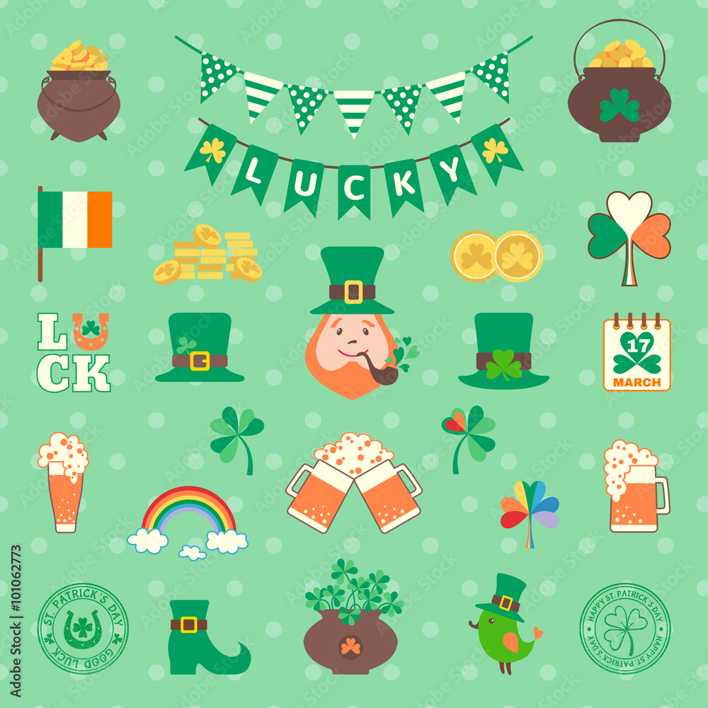 Fototapeta premium Saint Patrick's day icon set in flat style