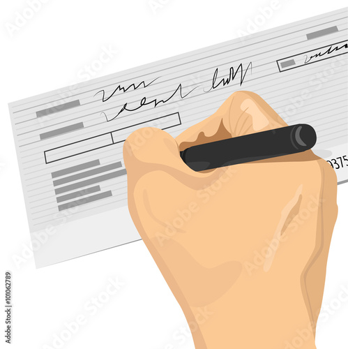 hand holding a pen signing a blank check