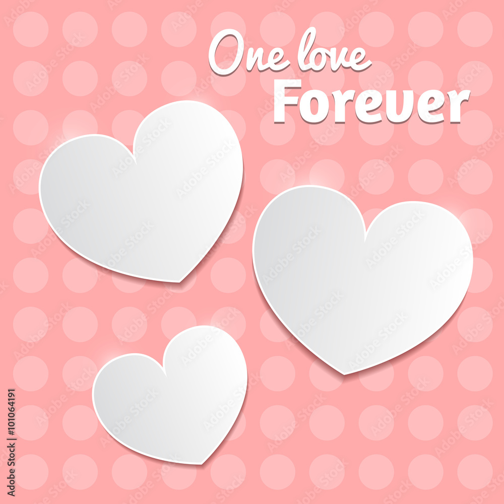 White paper hearts Valentines day card on pink dotted background