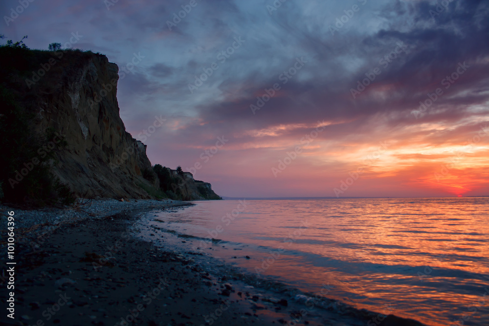 Beautiful sunset at Volga river cliff coast