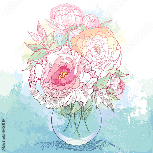 Bouquet with five ornate peony flower and leaves in the round transparent vase on the textured background with blots in pastel color. Floral elements in contour style.