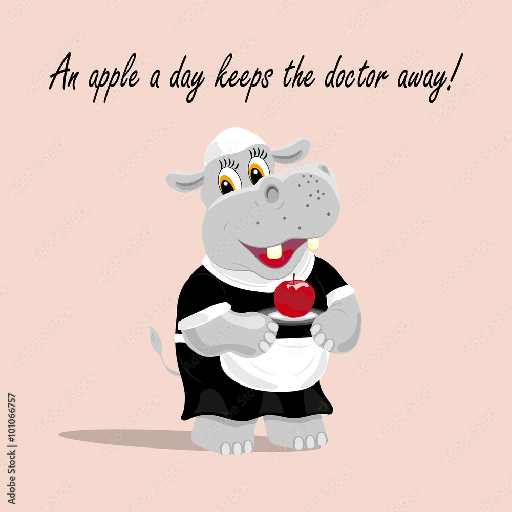Vector illustration with a cute hippo waiter holding an apple on a plate. An apple a day keeps the doctor away lettering. Vector illustration with a cute hippo waiter holding an apple on a plate. An apple a day keeps the doctor away lettering.