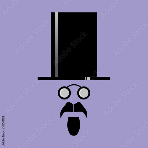 Human face comprised of the basic features of moustache, goatee beard and spectacles of a Victorian style beneath a top hat