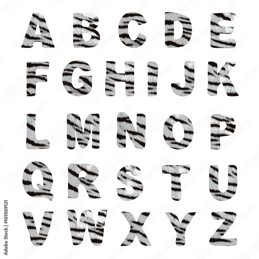 Trendy alphabet set, white tiger pattern design, isolated vector objects Trendy alphabet set, white tiger pattern design, isolated vector objects