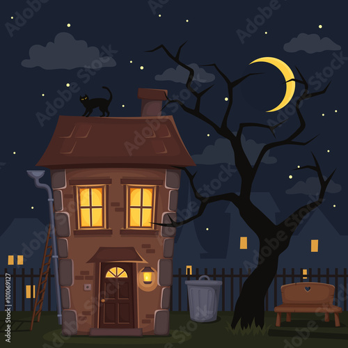 Night city landscape with house with lighted windows, tree and sky with moon and stars. Vector illustration.