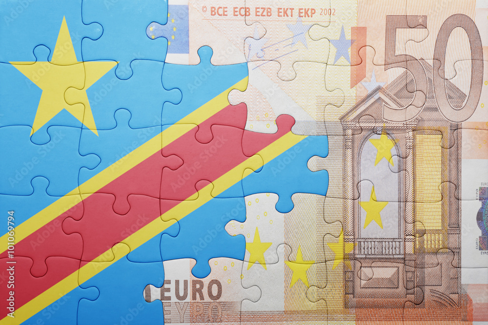 puzzle with the national flag of democratic republic of the congo and euro banknote