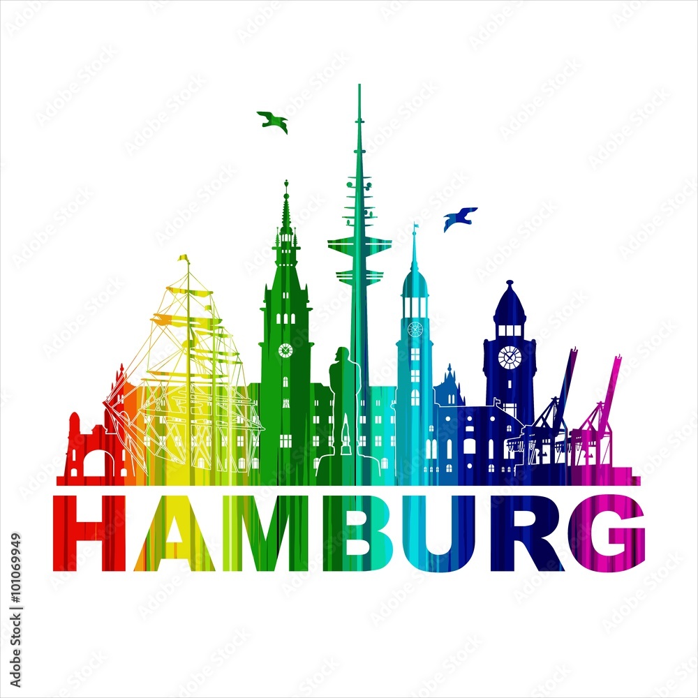 Hamburg Regenbogen Logo Kontur Umriss Silhouette Skyline Schattenriss Details Sehenwürdigkeiten Denkmäler