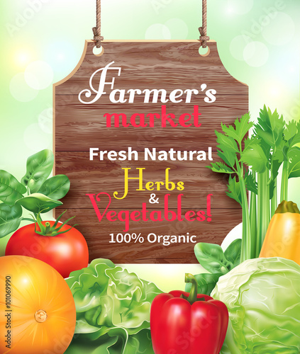 Poster design for farmers market. Vector illustration.