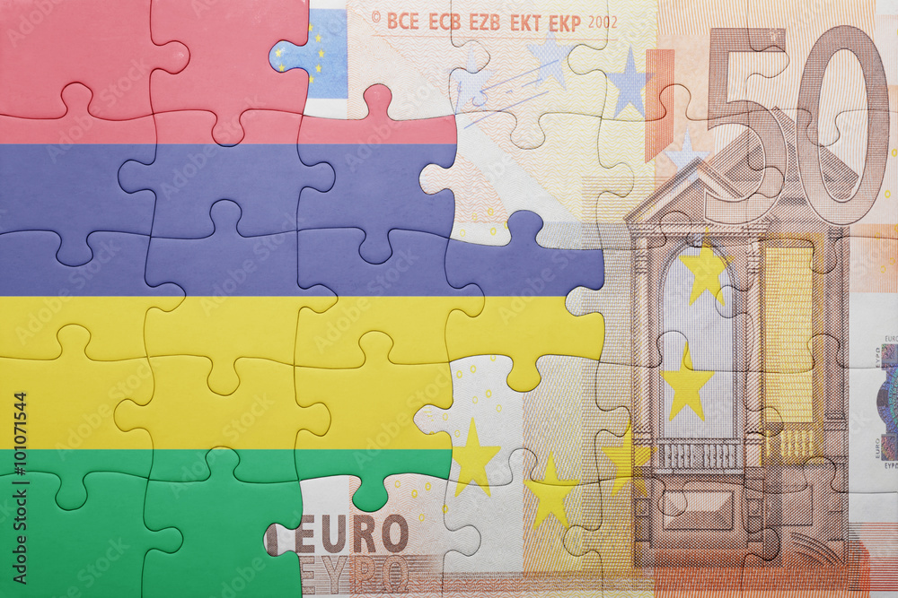 puzzle with the national flag of mauritius and euro banknote